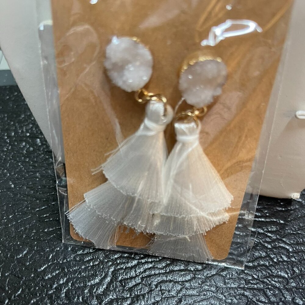 Drusy Drop Earrings in White with 3-Tier Silk Tassels - New (403) - Picture 6 of 12